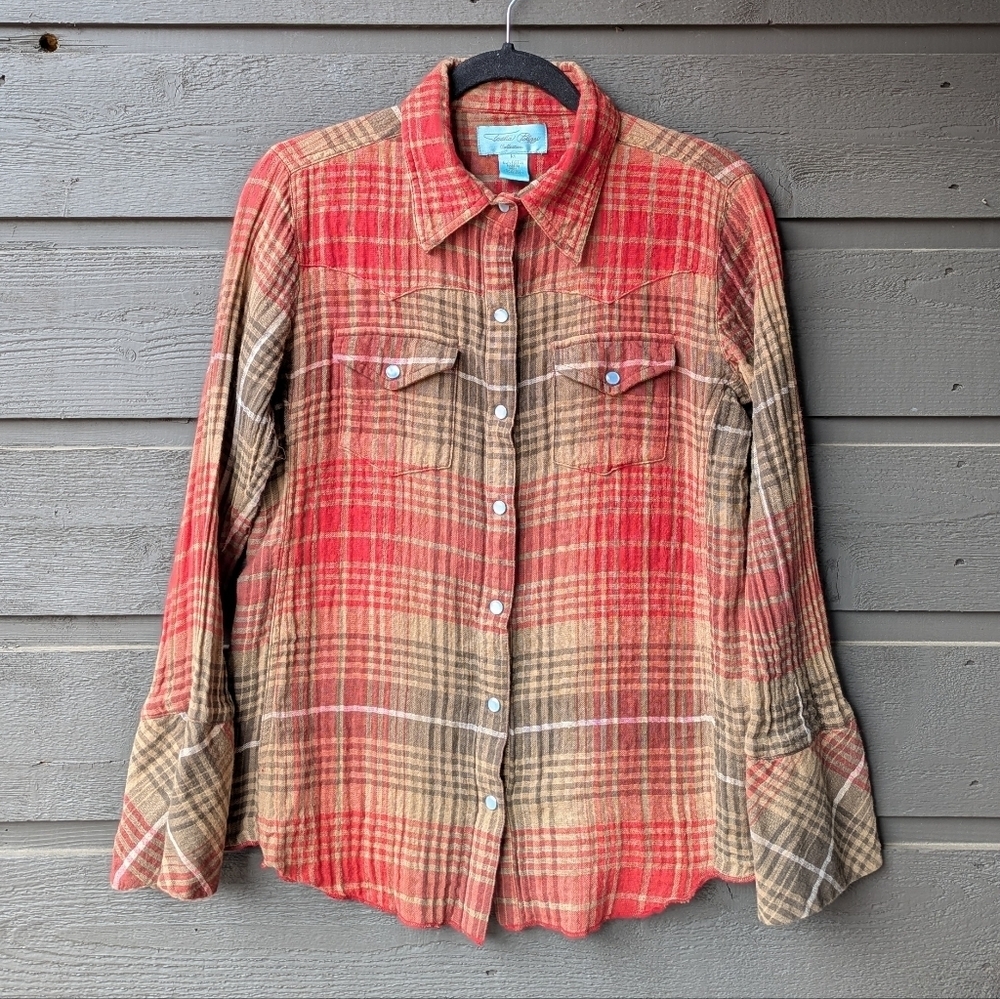 Tasha Polizzi Red Tan Gauzy Cotton Plaid Pearl Snap Western Shirt Long Sleeve M